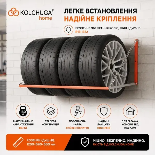 Легке встановлення та надійне кріплення полиці для шин KOLCHUGA