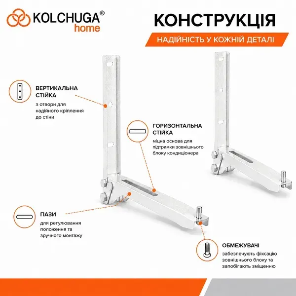 Конструкція кронштейна KOLCHUGA: вертикальна стійка, горизонтальна опора, пази та обмежувачі