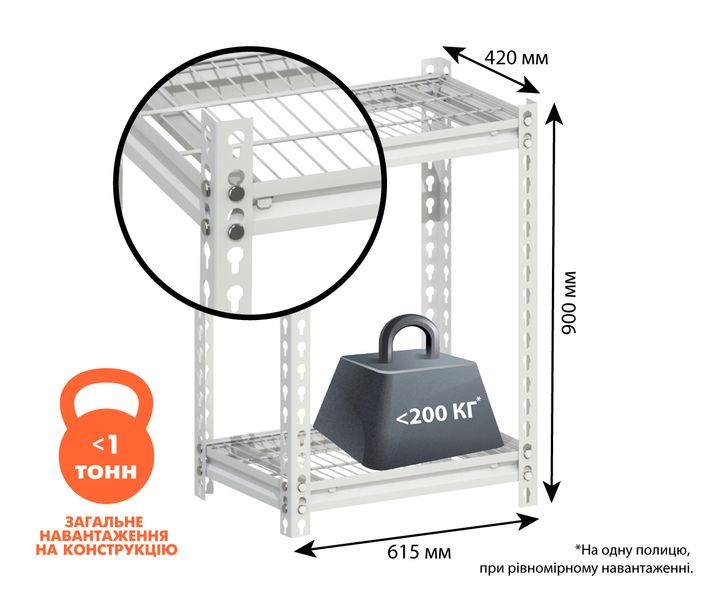 Стелаж металевий фарбований посилений (до 200 кг) для акумуляторів на 2 полиці (606х406х900 мм) ТМ "KOLCHUGA" (Кольчуга) 1727890109 фото