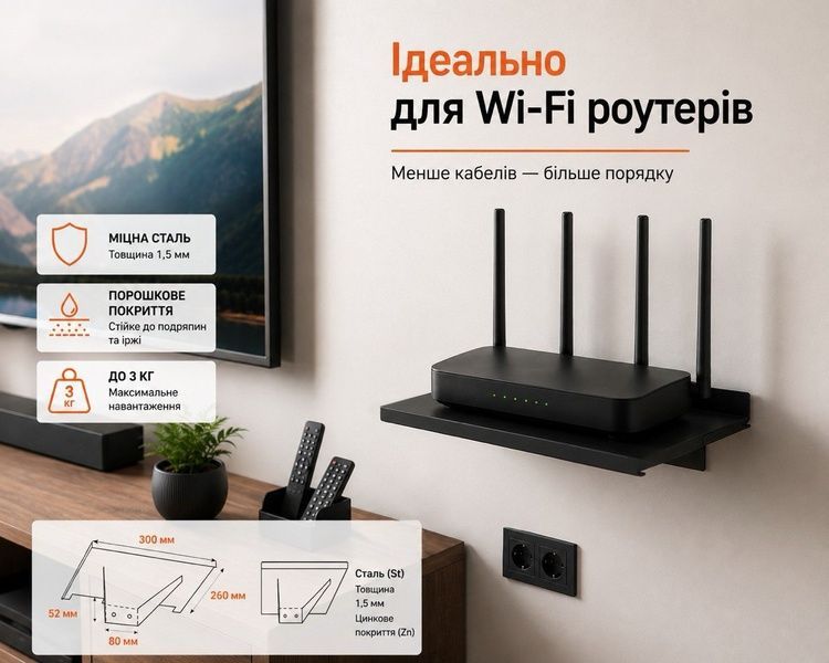 Настенная полка для WiFi-роутера, проектора или игровой консоли ТМ "KOLCHUGA" (Кольчуга) черная (40506186) 40506186 фото