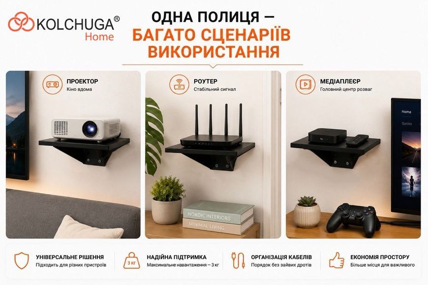 Настенная полка для WiFi-роутера, проектора или игровой консоли ТМ "KOLCHUGA" (Кольчуга) черная (40506186) 40506186 фото