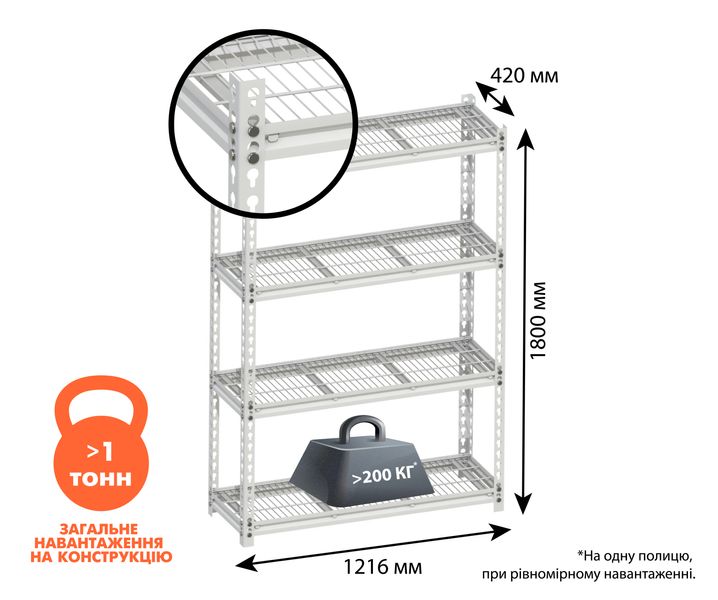 Стелаж металевий фарбований посилений (до 200 кг) на 4 полиці (1206х406х1800 мм) ТМ "KOLCHUGA" (Кольчуга) 1727890115 фото